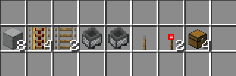 8 строительных блоков (любой полный блок)4 усиленных рельса2 обычных рельса для соединения концов2 вагонетки с воронкой2…