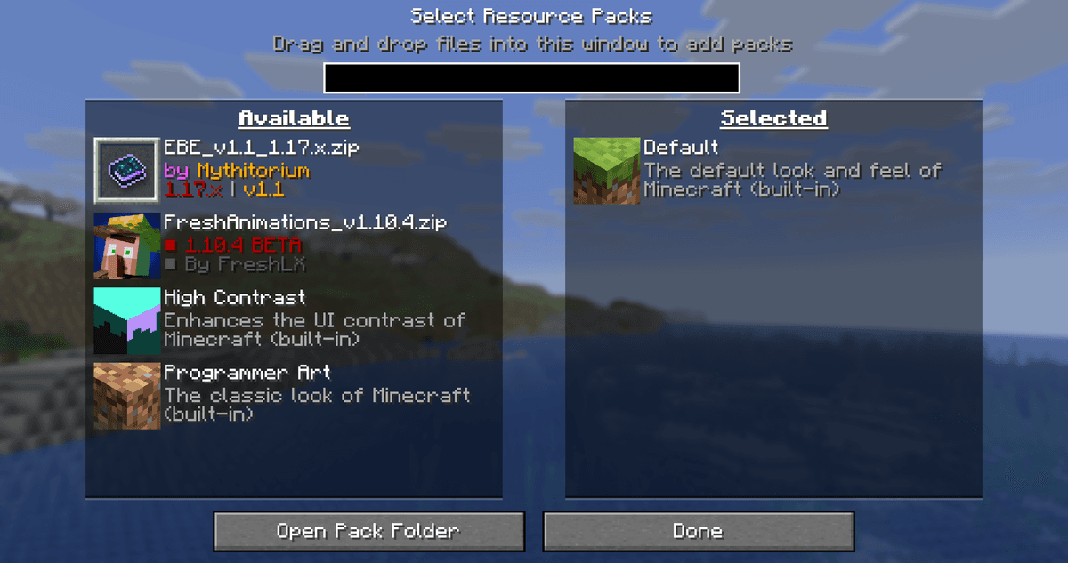 The resource pack selection menu with the mod disabled