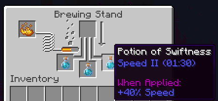 Glowstone Dust — enhances to Swiftness II (+40%), but the duration drops to 1:30.