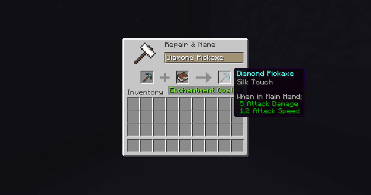 If you have an enchanted book with Silk Touch, place the tool in the left slot of the anvil, and the book in the right. This…