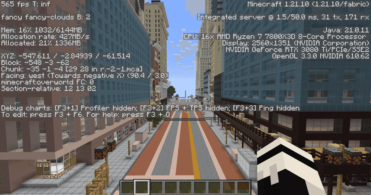FPS demonstration via F3 with the mod enabled