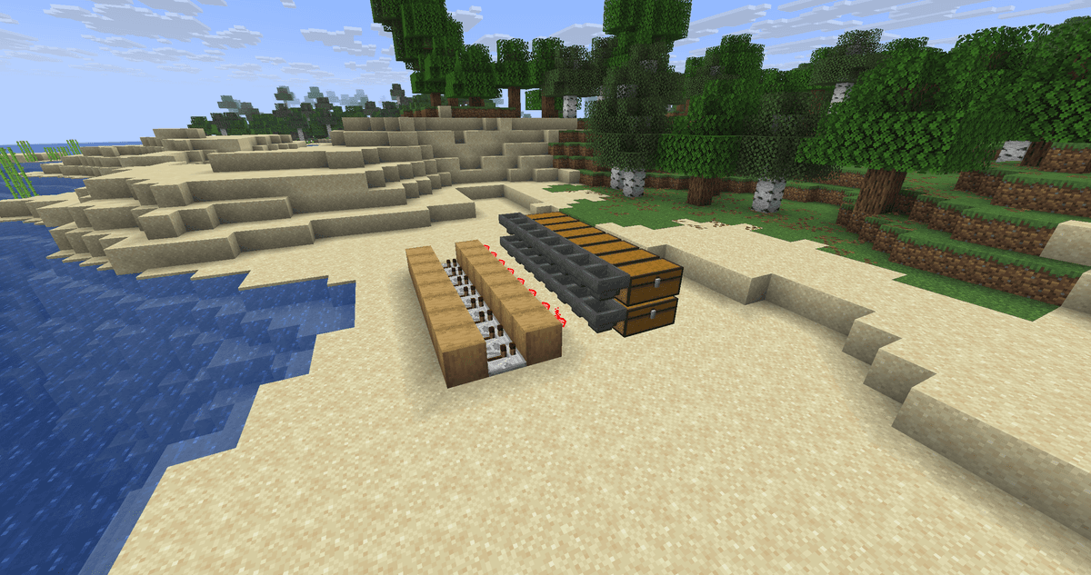Step back one block from the hoppers and lay out a row of 8 blocks. Hang a redstone torch on each block on the side of the…