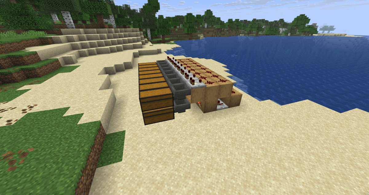 Cover the entire redstone circuit with a platform of blocks so that it connects with the top row of hoppers, but does not…