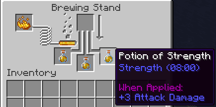 Redstone Dust — extends the duration from 3:00 to 8:00, the effect remains Strength I.