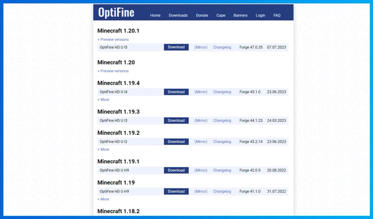 Перейдіть на офіційний сайт OptiFine На головній сторінці ви побачите кнопку "Show all versions". Натисніть на неї, щоб…