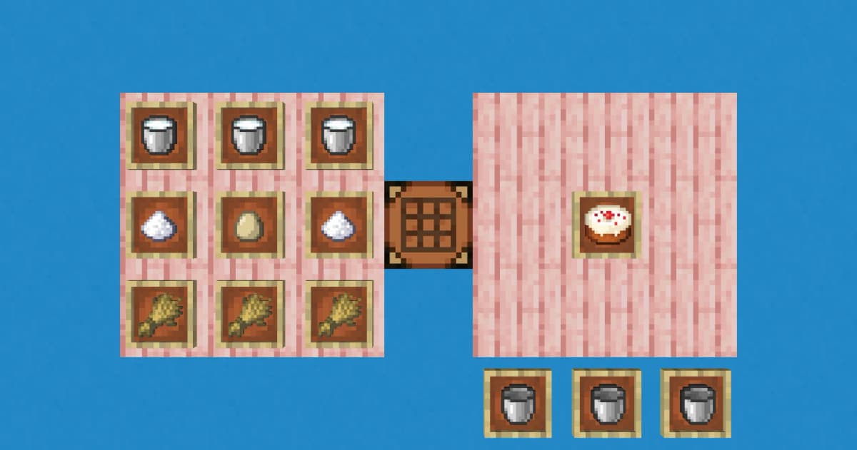 Open the crafting table. Place the ingredients as follows: Top row: 3 Buckets of Milk Middle row: 1 Sugar, 1 Egg, 1 Sugar…