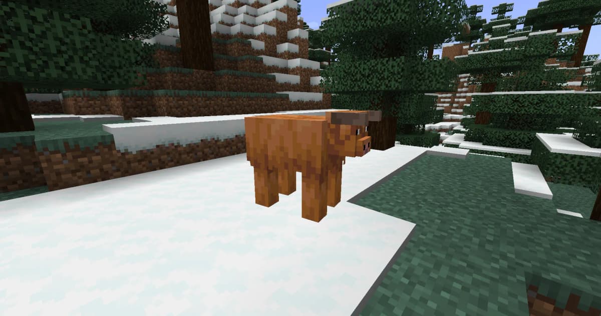 Snowy Cow (Cold Variant) – inhabits cold biomes such as snowy taigas, spruce and pine podzol forests, as well as highlands…