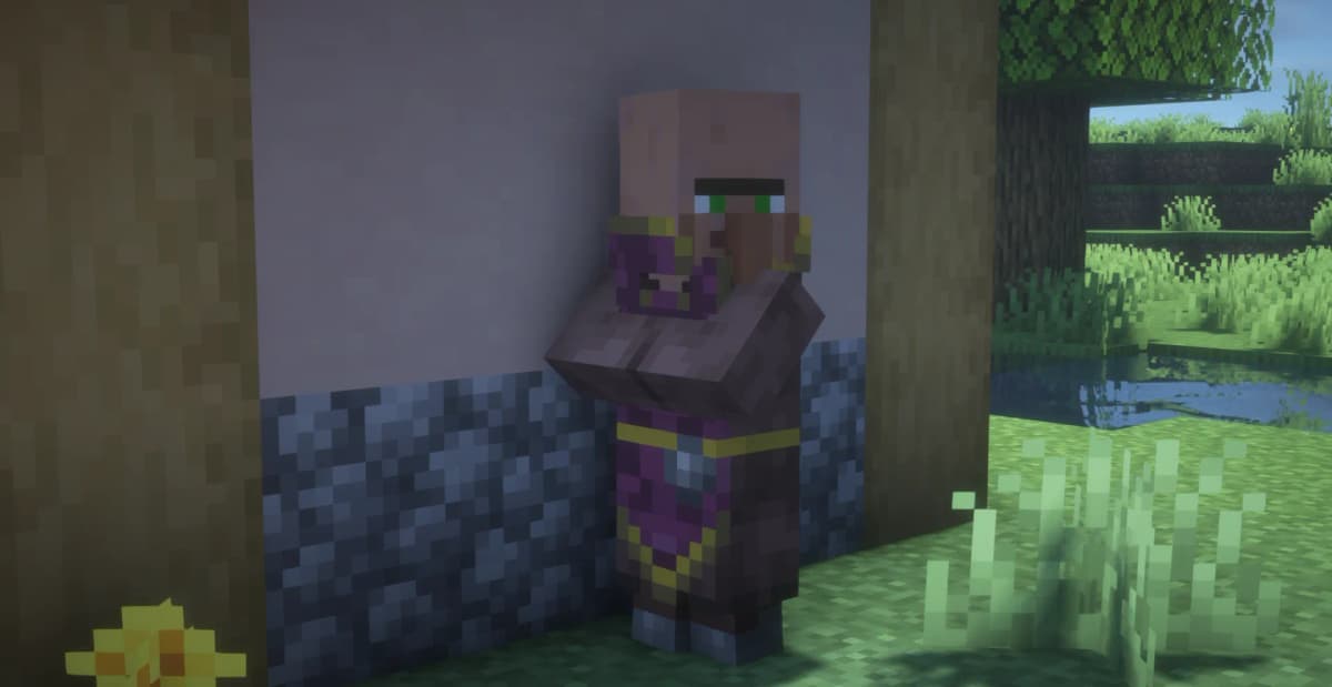 Clerics (villagers in purple robes) sell redstone in exchange for emeralds.