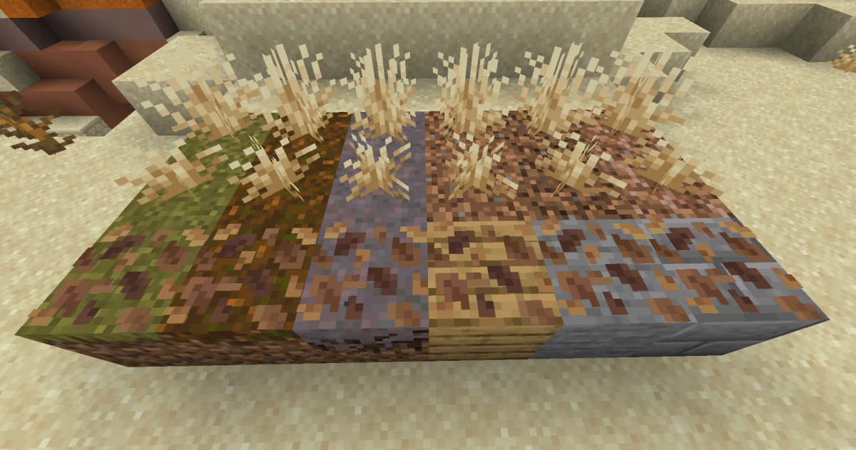 Leaf cover can now be placed on any block, expanding construction possibilities. New dry grass variants can be placed on…