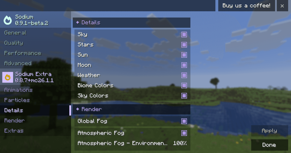 A separate "details" section enables or removes sky elements: the sky itself, stars, the sun and moon, weather, as well as…