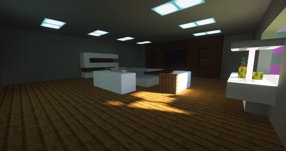 Lighting: path-traced global illumination. Light bounces off surfaces and carries their color further — a corner lit by a…