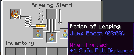 Without removing the Awkward Potions, place a Rabbit's Foot in the top slot. You will get a Potion of Leaping (Jump Boost I…