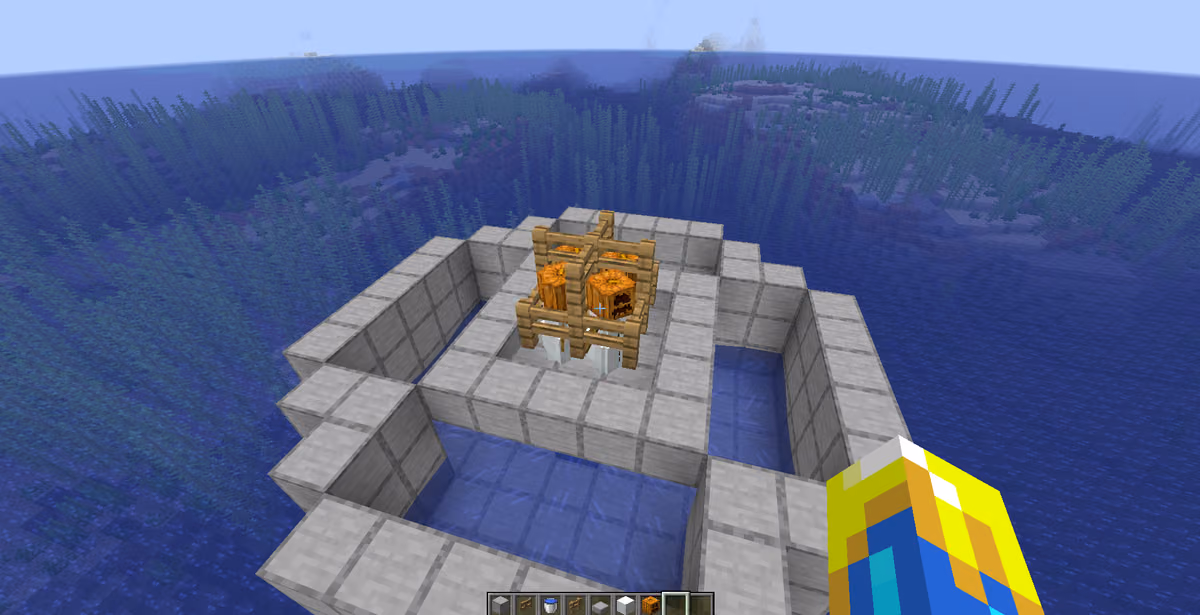 Around the flushing channels, build 4–5 floors of spawning platforms. Each floor should be a round or square area measuring…