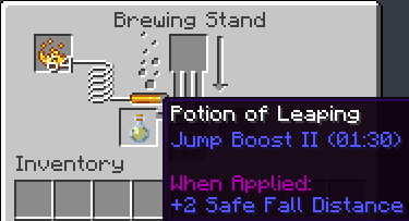 Glowstone Dust — upgrades to Jump Boost II (2 1/2 blocks jump), duration drops to 1:30.