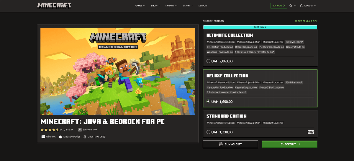 Перейдіть на офіційний сайт minecraft.net.Натисніть велику зелену кнопку Отримати Minecraft (Get Minecraft).Оберіть…