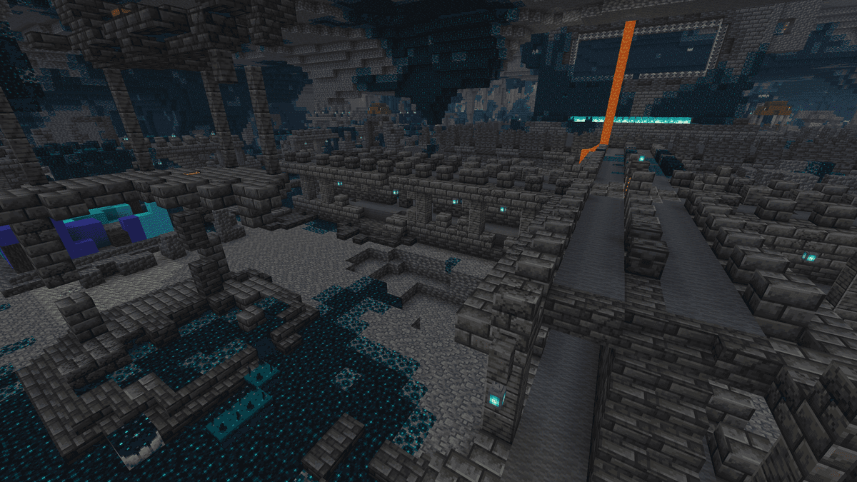 The city covers 220×220, so tunnels every 200 blocks will not miss it. F3 shows the biome name ("Deep Dark") and the Y…