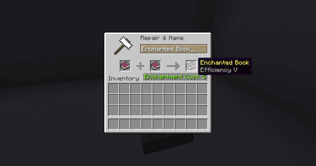 The anvil combines enchantments. Two items of the same type with Efficiency IV yield one item with Efficiency V…