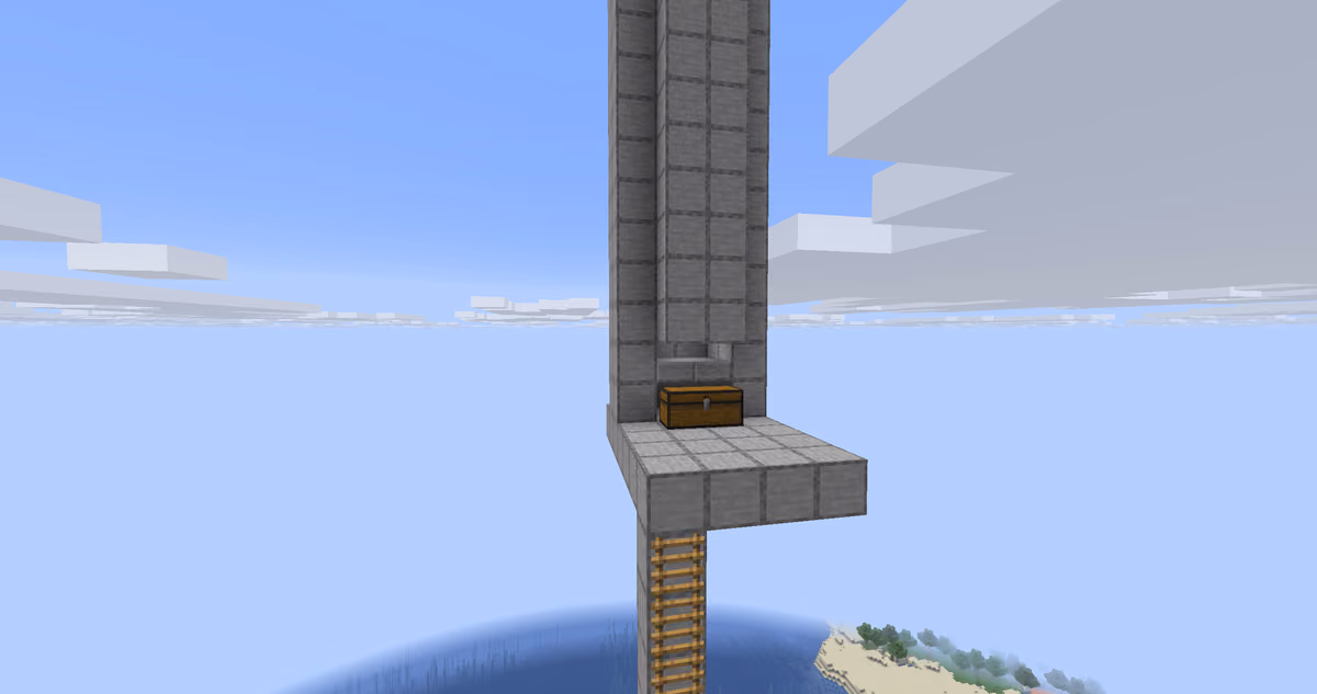 Now build the drop shaft above the chamber so that it's exactly 22 blocks from the slabs to the top (roughly Y=202–203). A…