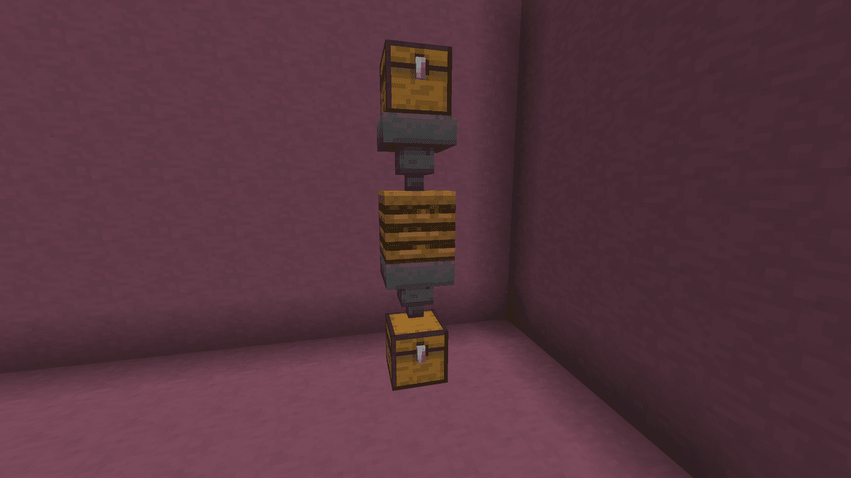 Basic layout: top chest → hopper down → composter → hopper down → bottom chest. You throw a stack of trash in from the top…