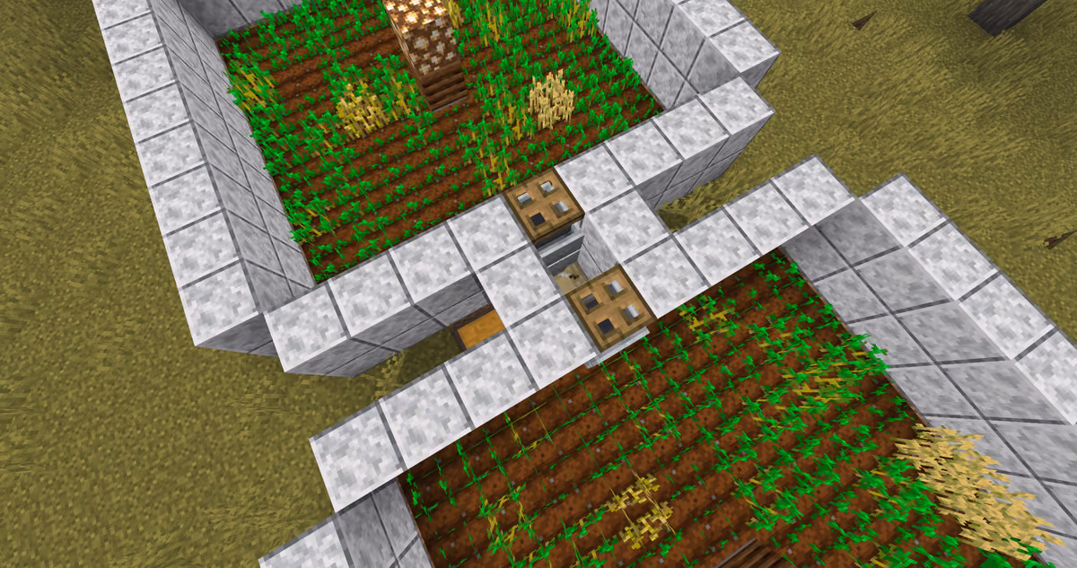 Between the two collection mechanisms, dig out one block and place a Fletching Table there. Enclose this niche on the sides…