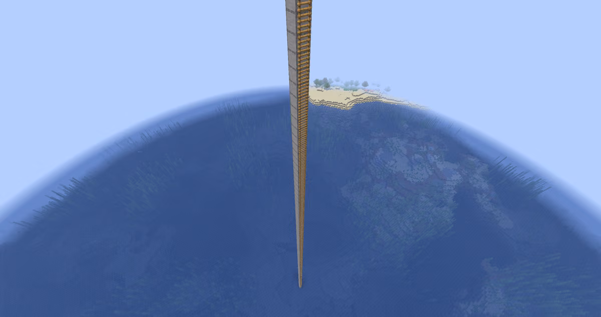 From the base, place one more block upward, climb back down along the pillar, and cover it with ladders for all 117 blocks…
