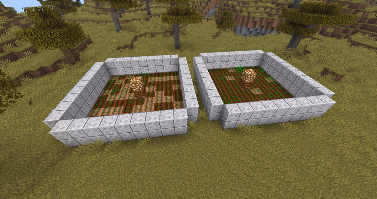 Use a hoe to till all the dirt around the center until it turns into farmland. The central block with water remains…