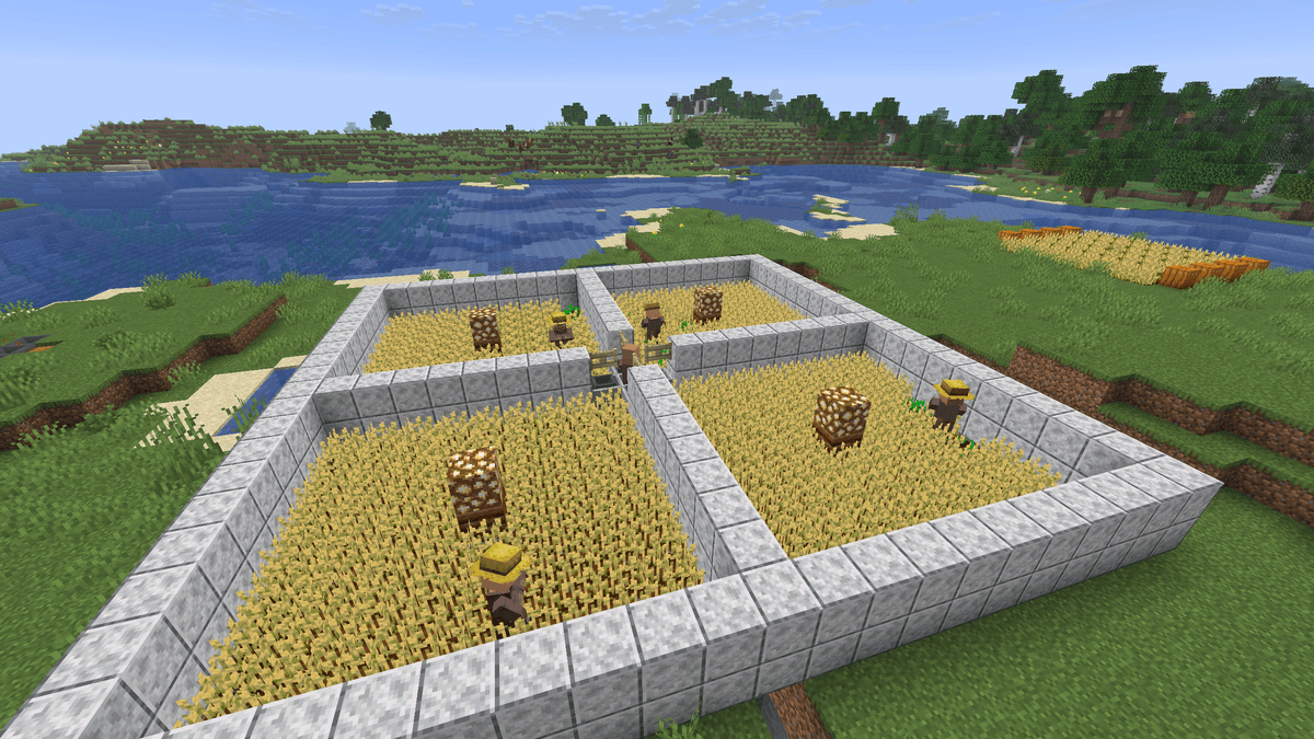 This is a fully automatic farm: the villagers plant on their own, harvest on their own, and store the harvest in your chests…