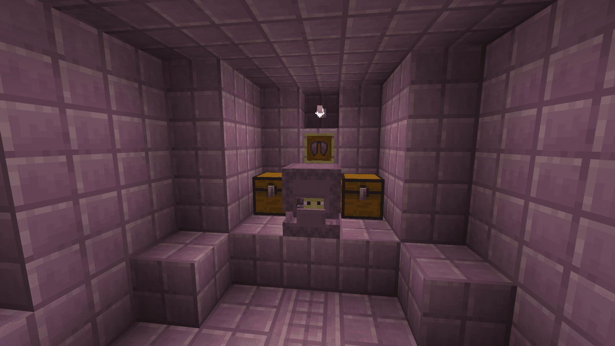 Inside, an item frame with the elytra hangs on the wall, and a brewing stand stands nearby. A separate shulker guards the…