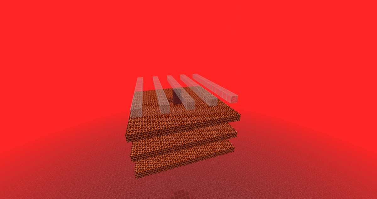 Go up 2 temporary blocks above the top platform and place a Glass block. Build a solid glass line straight across the center…