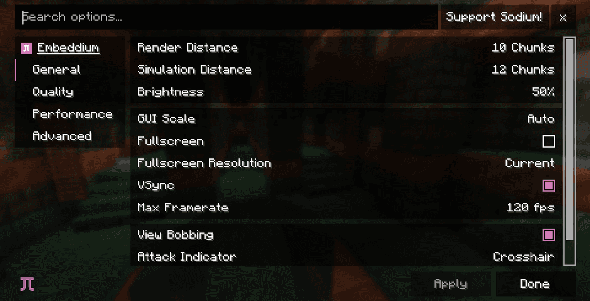 The Embeddium menu is accessed from Options → Video Settings. It replaces the vanilla screen with a custom one featuring…