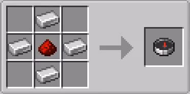 Compass: Place one piece of redstone dust in the center of the crafting table, surrounded by four iron ingots in a diamond…