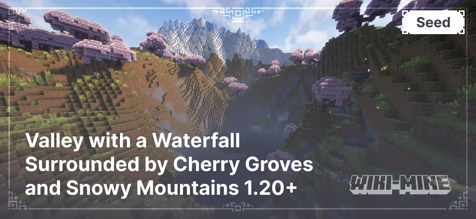 Valley with a Waterfall Surrounded by Cherry Groves and Snowy Mountains 1.20-1.21.4